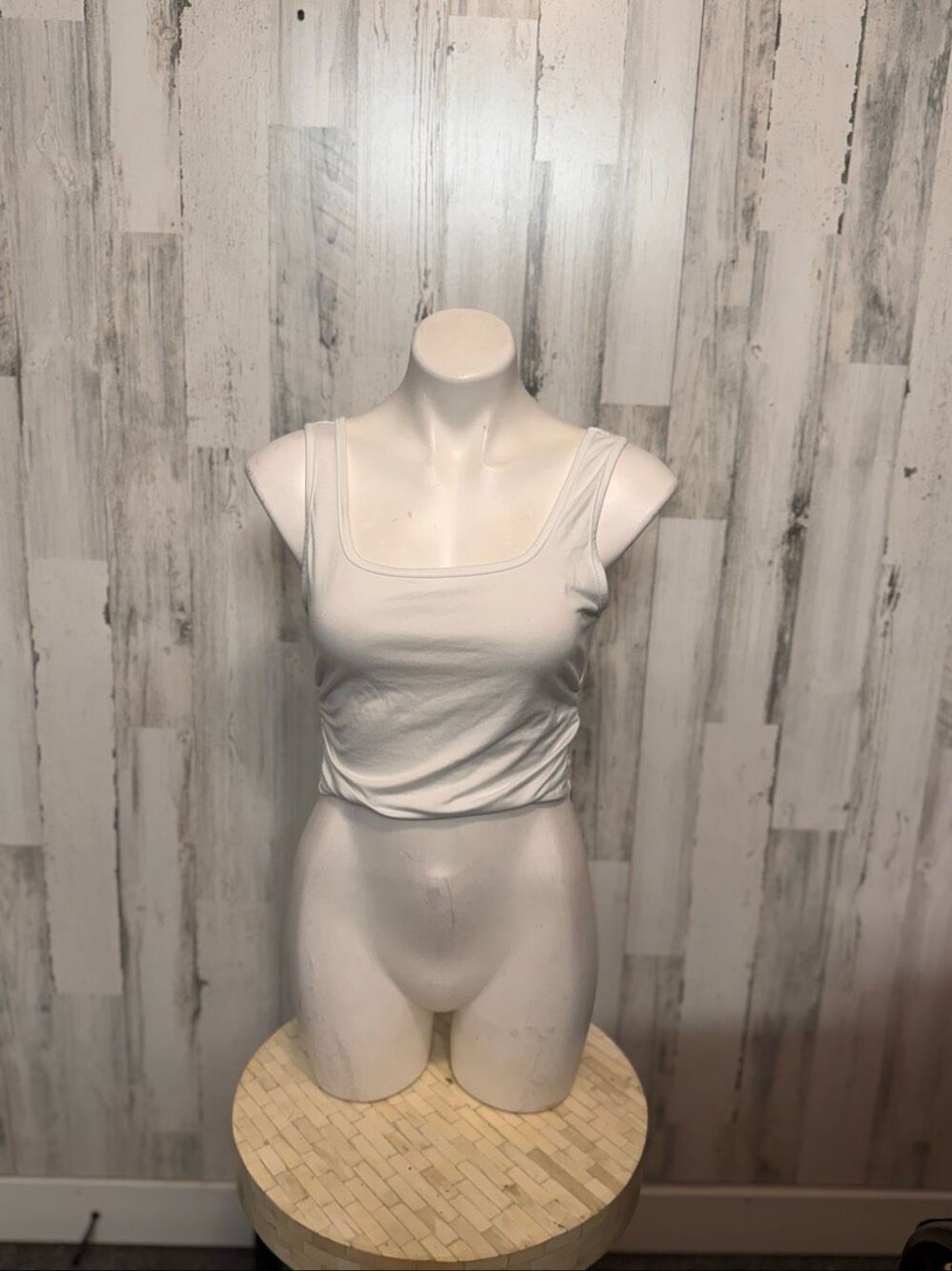 White Ruched Side Square Neck Tank Top Stretch Crop Top Womens M 6 Basic